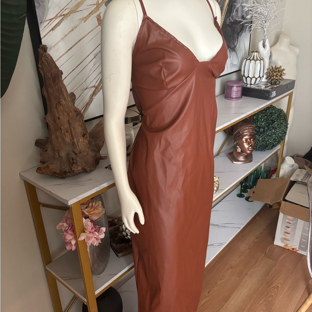 SHEIN Rust Brown Strapless Faux Leather Slip Dress